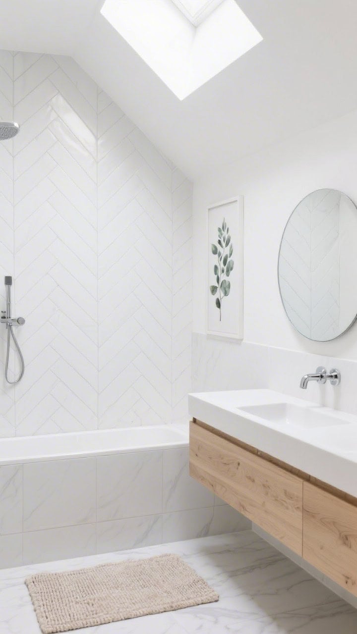 Photorealistic closeup/detail shot of bright Scandinavian elements: matte white herringbone shower wall with pale gray grout providing subtle definition; overhead diffused panel light mimicking a skylight casting even, soft illumination; a glimpse of a blonde ash vanity edge and thin-edged round mirror; polished nickel fixtures catching a cool gleam; a pale woven bath mat texture at the frame’s edge and a soft-focus eucalyptus-print art piece beyond; straight-on crop focusing on the herringbone pattern and luminous light effect; palette: white, ash wood, pale gray, polished nickel.