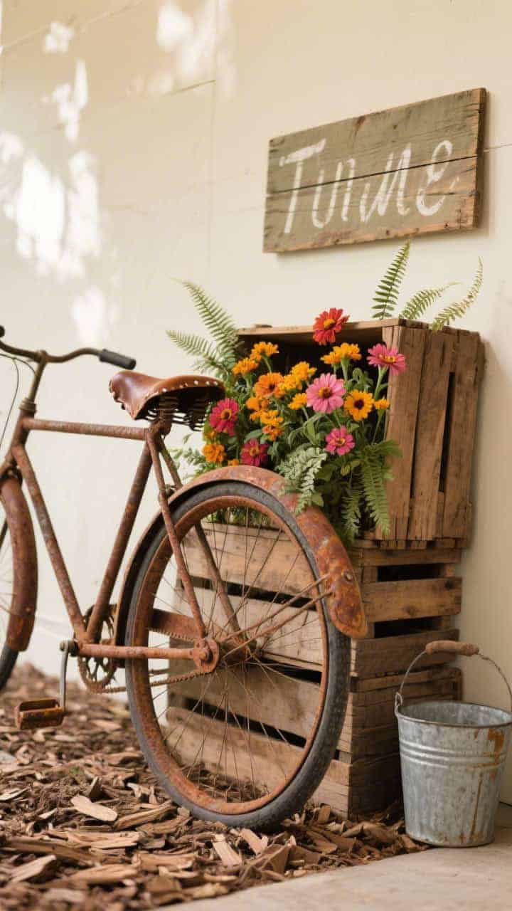 Photorealistic closeup detail shot: rusted metal frame and worn leather seat of a vintage bike, patina emphasized. Stacked wooden apple crates mounted on the back and side, filled densely with zinnias, marigolds, and fern fronds for texture. Ground covered in wood chips or mulch, a plank sign with hand-painted letters partially in frame, and a tin milk pail nearby. Warm neutral palette of cream, khaki, and clay in diffused natural light.