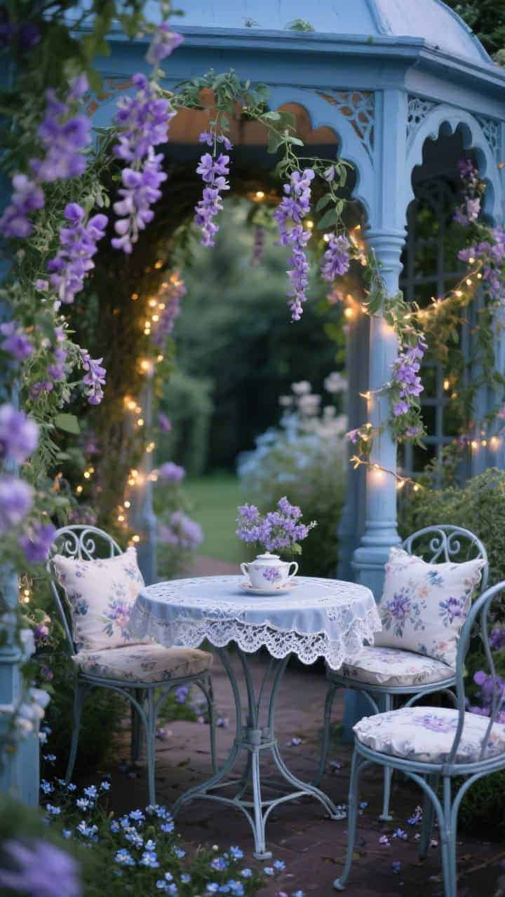 Photorealistic closeup/medium hybrid of a secret tea pavilion under a painted dusty-blue garden arch draped with sweet peas and clematis. A round metal cafe table with a lace-edged tablecloth, scalloped-edge chairs with floral cushions, forget-me-nots dotted below. Warm fairy lights woven through the arch glow in early evening. Palette of dusty blues, lilacs, and soft whites, intimate romantic mood, shallow depth of field highlighting scalloped details.