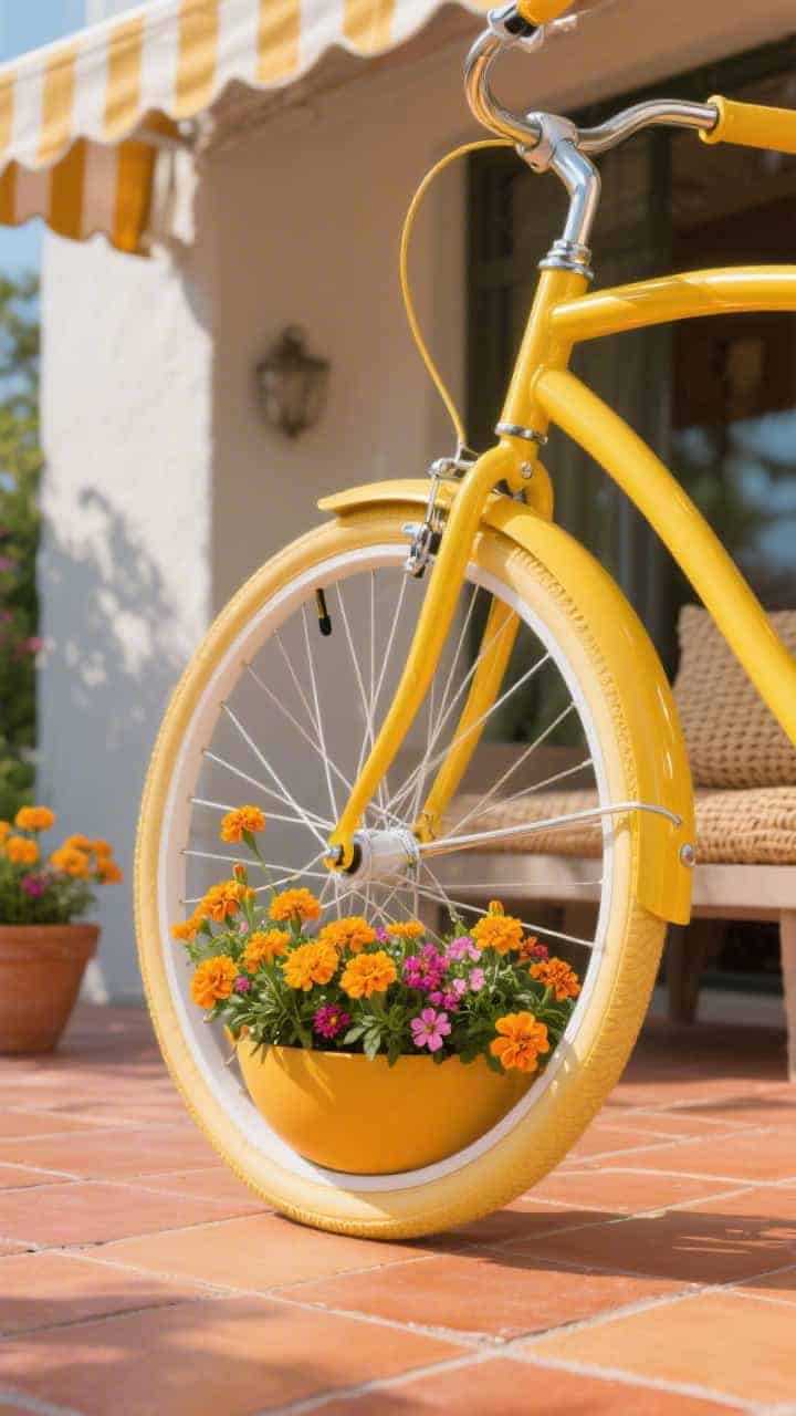 Photorealistic closeup on wheels and frame: a sunny turmeric yellow bike with glossy finish, white-highlighted spokes. Shallow ring planters mounted inside the wheel wells, overflowing with marigolds, calibrachoa, and lantana in vibrant citrus hues. Terracotta tiles beneath with citrus-toned pots visible as background bokeh. Bright, punchy daylight with crisp shadows, hint of a striped awning edge and woven-pillow bench beyond.