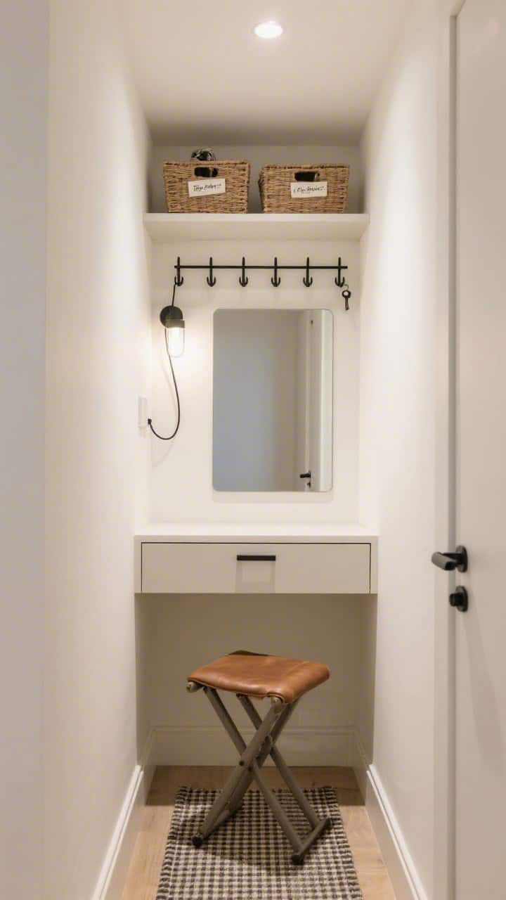 Photorealistic compact apartment nook, straight-on medium shot: built-in niche with a floating drawer console, full-length mirror to bounce light; slim rail of hooks holding daily essentials; top shelf with labeled baskets; wall-mounted sconce with a cord cover; foldable leather stool tucked beneath; narrow micro-check runner; warm white walls with a contrasting trim line; minimal black pulls; subtle magnetic key rail hidden under the shelf edge; bright, efficient lighting.