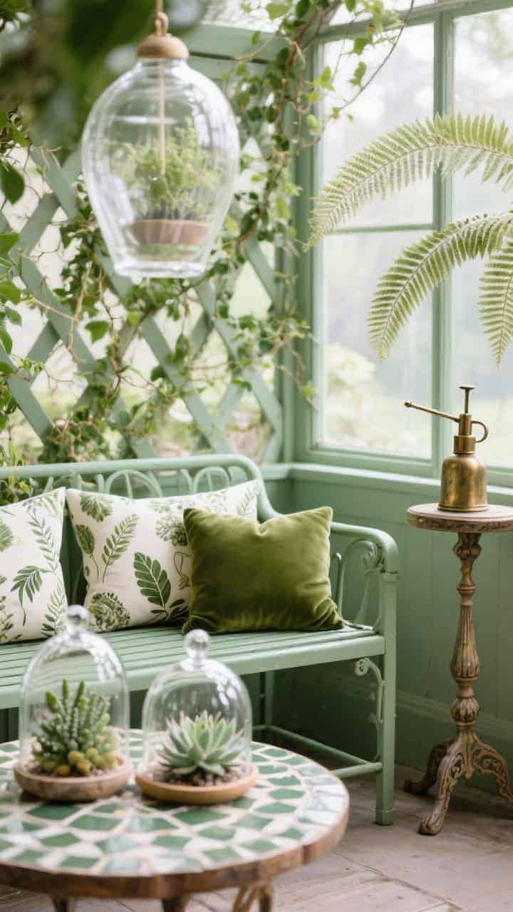 Photorealistic detail closeup: a sage-green painted metal bench seat with botanical-print cushions featuring leafy motifs and a velvet moss-green lumbar. In the foreground, etched glass cloches covering succulents on a tiled mosaic side table; to the side, a Victorian fern stand with delicate fronds. An aged brass plant mister displayed like art. Overhead blur of a glass pendant terrarium and creeping ivy on a trellis. Soft filtered conservatory light, lush botanical textures.