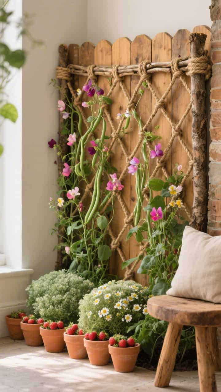 Photorealistic detail closeup at corner angle of a rustic hazel hurdle fence panel with a handmade twine grid laced across it; sweet peas and runner beans intertwining up the grid, candy-colored blooms against honey-brown wood and green foliage; beneath, soft mounds of feverfew and strawberries; foreground includes a row of small terracotta pots lined up neatly and a low pine stool with a linen cushion partially in frame; soft natural afternoon light highlighting textures of bark, twine, and petals; no people