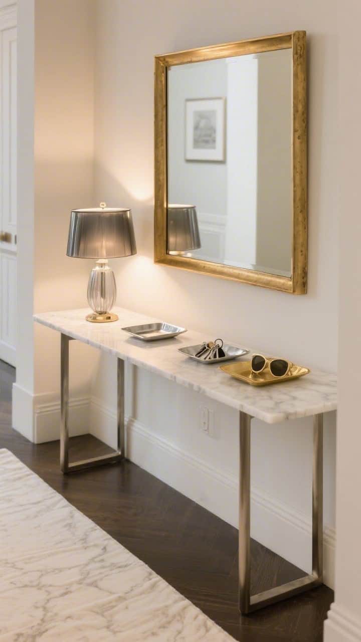 Photorealistic detail closeup of a thin marble-topped console with brushed nickel legs; above it, a brass-framed mirror reflecting soft ambient light; a cream runner with subtle veining visible at the edge of frame, echoing the stone; a smoked glass table lamp on a dimmer casting a warm pool of light; two tiny metal trays—one silver, one gold—styled for keys and sunglasses; luxe, mixed-metal harmony.