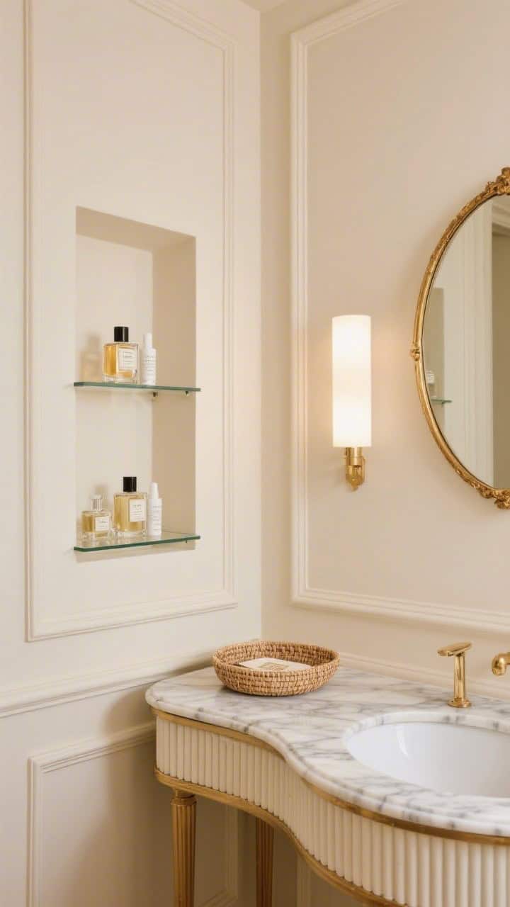 Photorealistic detail closeup of Parisian powder room paneled niches: soft cream walls with subtle wall molding, two recessed paneled wall niches trimmed like artwork with glass shelves showcasing perfume bottles and skincare; glimpse of petite marble-topped fluted vanity edge and gilded oval mirror reflection; basket-tray under a console barely visible; elegant, airy lighting with soft highlights on marble and brass; straight-on macro framing