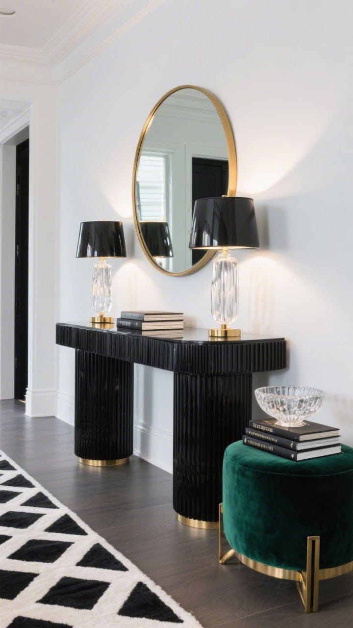 Photorealistic detail/medium glam vignette: piano-black fluted console reflecting ambient light, pair of smoked glass lamps on either end, gold-rimmed round mirror above; black-and-ivory geometric runner leading away; velvet stool in deep emerald positioned to one side; crystal bowl and glossy stacked books on console; polished brass and blackened steel accents; crisp white (or ultra-pale gray) wall; sharp, high-contrast lighting.