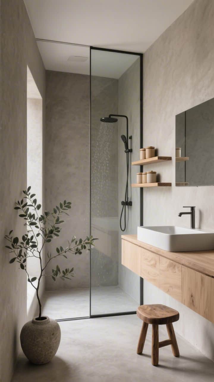 Photorealistic detail/medium hybrid shot of a Japandi mini wet room: seamless microcement on floors and shower walls, minimal grout lines; a fixed glass panel separating the wet zone; a wall-to-wall floating oak shelf styled with lidded canisters for hidden storage; a rectangular vessel sink with a slim wall-mounted faucet; graphite shower fixtures; a small cedar stool and a single eucalyptus branch in a stone vase; soft, even natural light for serene calm; low, straight-on angle emphasizing continuity of surfaces; palette: warm gray, pale oak, graphite.