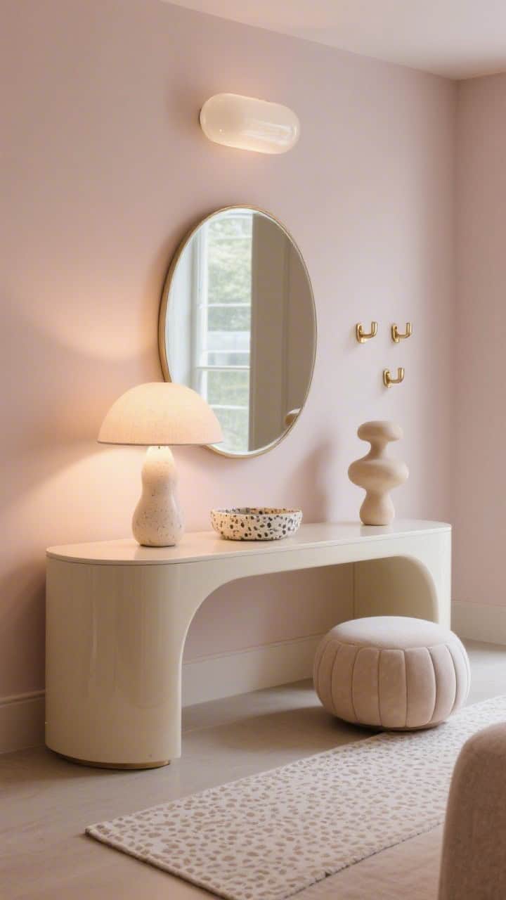 Photorealistic detail/medium shot highlighting soft geometry: oval cream-lacquer console with a round pill-shaped mirror above, sculptural mushroom table lamp casting a gentle pool of light; tonal palette of blush, warm ivory, latte; curvy pouf nearby, terrazzo catchall and a shapely ceramic sculpture arranged on the console; opal glass flush-mount visible above; micro-patterned runner with rounded edges; champagne nickel hooks on the wall; soft evening glow.
