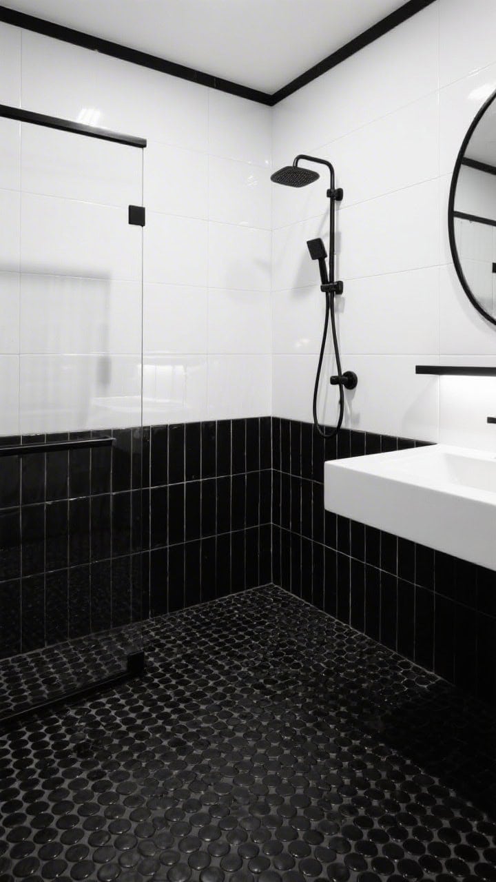 Photorealistic detail shot of high-contrast monochrome: black penny tile on the shower floor wrapping halfway up the wall as a wainscot, transitioning to glossy white tile above; thin black trim crisply framing the edge; a narrow rimless glass panel (doorless) visible at the side; wall-mounted matte black shower system; slim white vanity edge and a black-rimmed oval mirror hinted in the background; accent strip lighting under a floating shelf casting a soft glow; overhead angle to emphasize the penny tile pattern and contrast lines; palette: black, white, matte black.