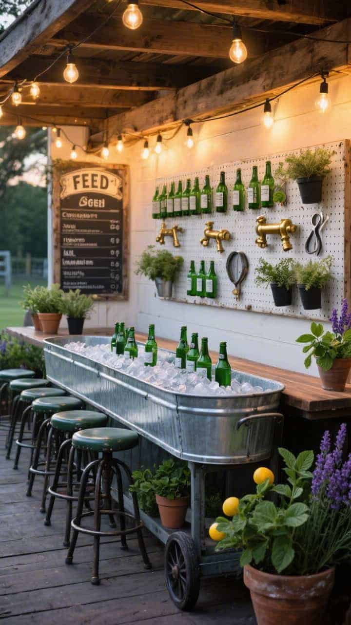 Photorealistic evening bar cart patio scene: a long galvanized horse trough converted into a bar filled with ice and bottles. Behind it, a salvaged pegboard displaying brass sprayers, bottle openers, and herb snips in tidy rows. Tractor-seat stools perched along a reclaimed beam as a counter. Café string lights overhead, an old feed sign serving as a menu board, and clustered pots of mint, lemon balm, and lavender. Palette: galvanized silver, bottle green, charcoal, citrus accents. Social, cheeky golden-hour vibe.