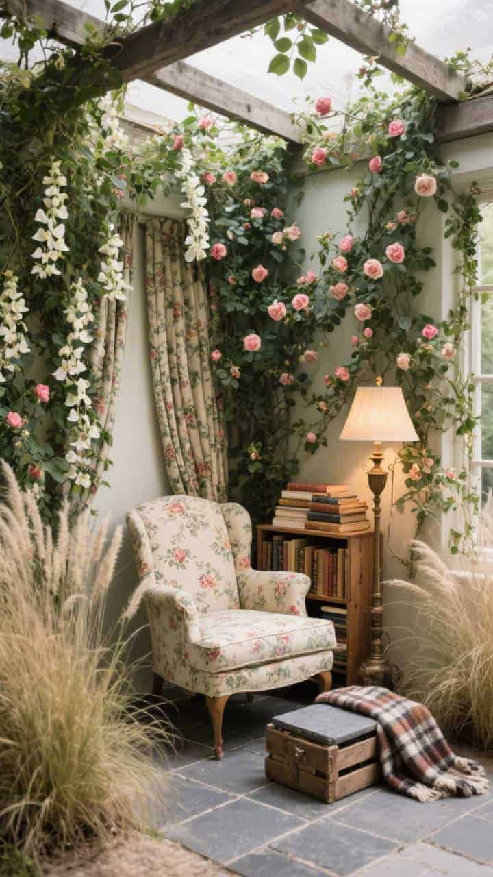 Photorealistic intimate reading nook, medium close shot: pergola walls thick with climbing clematis and wild roses forming living curtains; perimeter grasses (Stipa tenuissima) softly rustling; inside, a slipper chair in faded floral chintz, a petite bookcase crate stacked with books, and a vintage floor lamp retrofitted with a safe outdoor bulb; plaid wool throw and a slate tile footrest; secluded, hushed ambiance.
