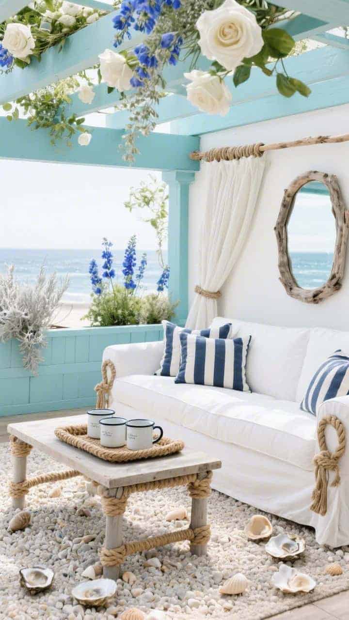 Photorealistic medium coastal vignette: a seaglass blue painted pergola with airy plantings—white roses, blue campanula, silver artemisia; crushed oyster shell or pale gravel underfoot with scattered beach shells; white slipcovered loveseat with navy-and-cream striped ticking pillows, woven rope coffee table with a tray of enamel mugs; nautical rope curtain ties and a driftwood mirror reflecting cool oceanic light; breezy, saline freshness.