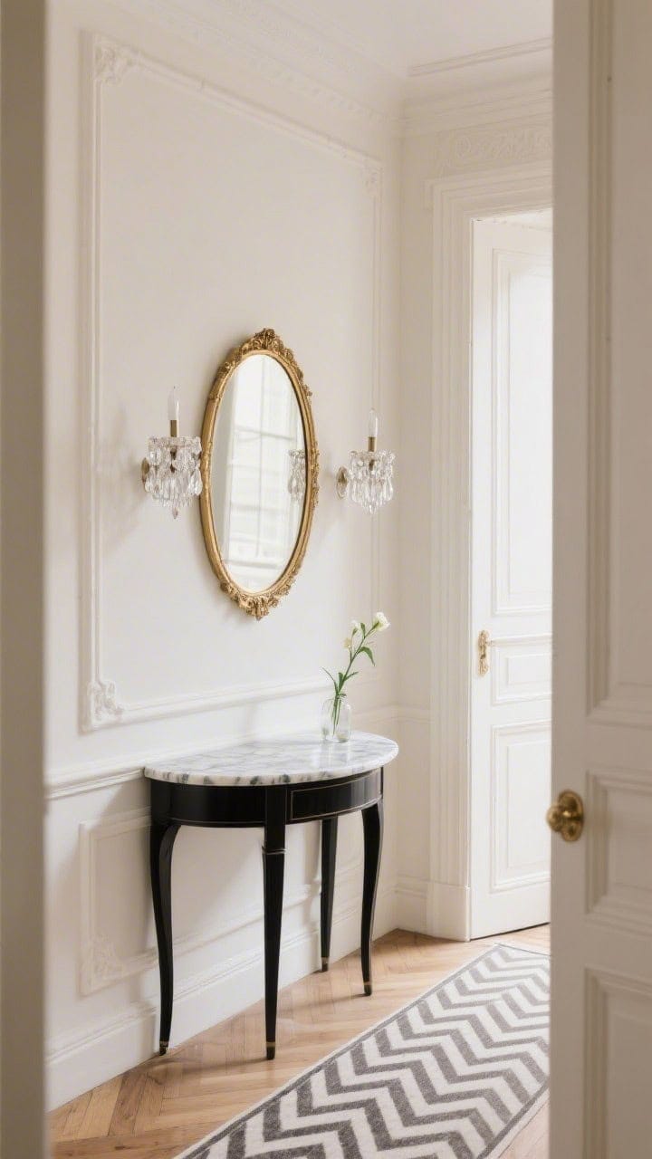 Photorealistic medium corner-angle of a Parisian-inspired entry: soft ivory walls with simple picture-frame molding painted to match for subtle shadows; a slim black demilune table with a marble top; herringbone runner nodding to petite parquet; a gold-rimmed mirror above; petite crystal sconce pair flanking the mirror, sparkling gently; a single bud vase for a restrained, romantic accent.