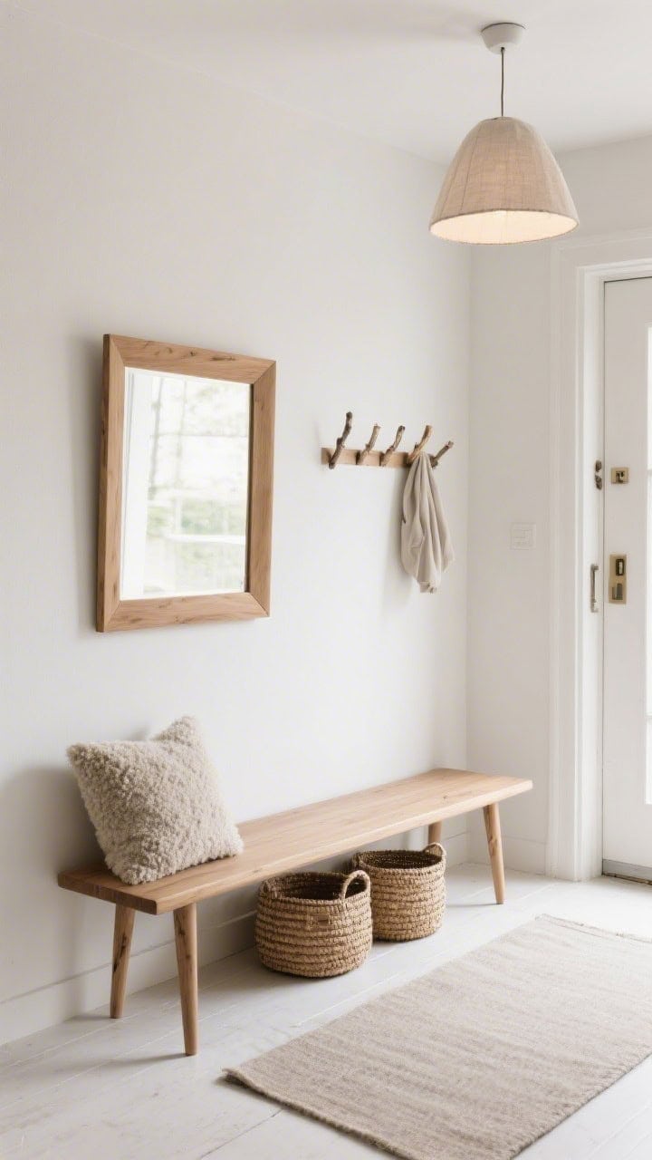 Photorealistic medium corner-angle shot of a Scandinavian entry: warm white walls, a narrow oak bench with tapered legs, a wool boucle cushion on top, woven lidded baskets tucked neatly underneath; a maple-framed mirror above; pale greige runner along the floor; petite birch coat rack mounted nearby; a soft linen-shade pendant overhead creating cozy, diffused light; calm, neutral palette.