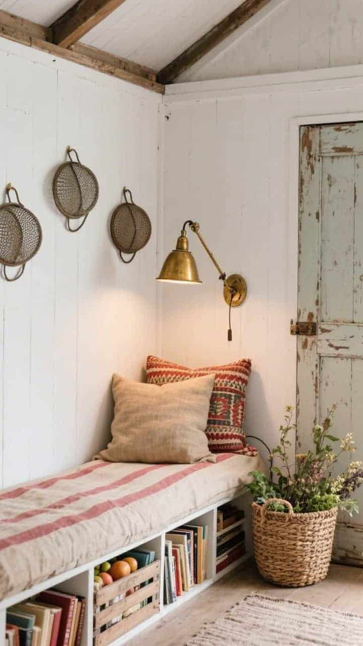 Photorealistic medium interior of a vintage shed reading retreat: whitewashed walls, a narrow daybed upholstered in grain sack fabric with subtle stripes, stacked fruit crates used as book cubbies. On the wall, a trio of old sieves arranged as sculptural art. A single brass swing-arm lamp casting warm task light, a faded kilim pillow on the bed, and a woven basket filled with fresh cuttings. A weathered door propped as a shabby-chic headboard. Palette: chalk white, oatmeal, barn red accents, brass. Quiet cottage library vibe.