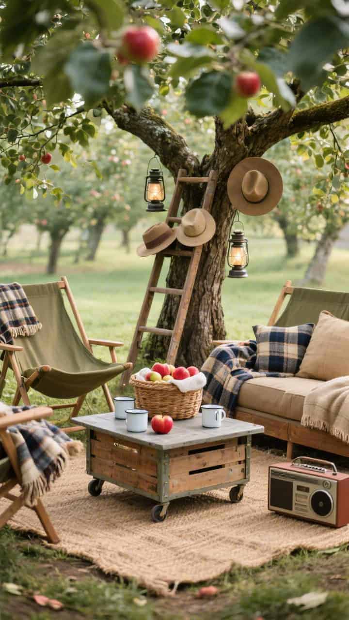 Photorealistic medium orchard lounge under leafy canopy: canvas sling chairs around a low crate coffee table on casters. Apple picking ladders leaned against the trunk, draped with lanterns and field hats. A jute rug underfoot, plaid throws over chairs, enamel camp mugs on the table, a bushel basket holding blankets, and a small vintage radio nearby. Palette: olive, wheat, navy plaid, apple red pops. Slow-living, nostalgic mood with dappled shade.