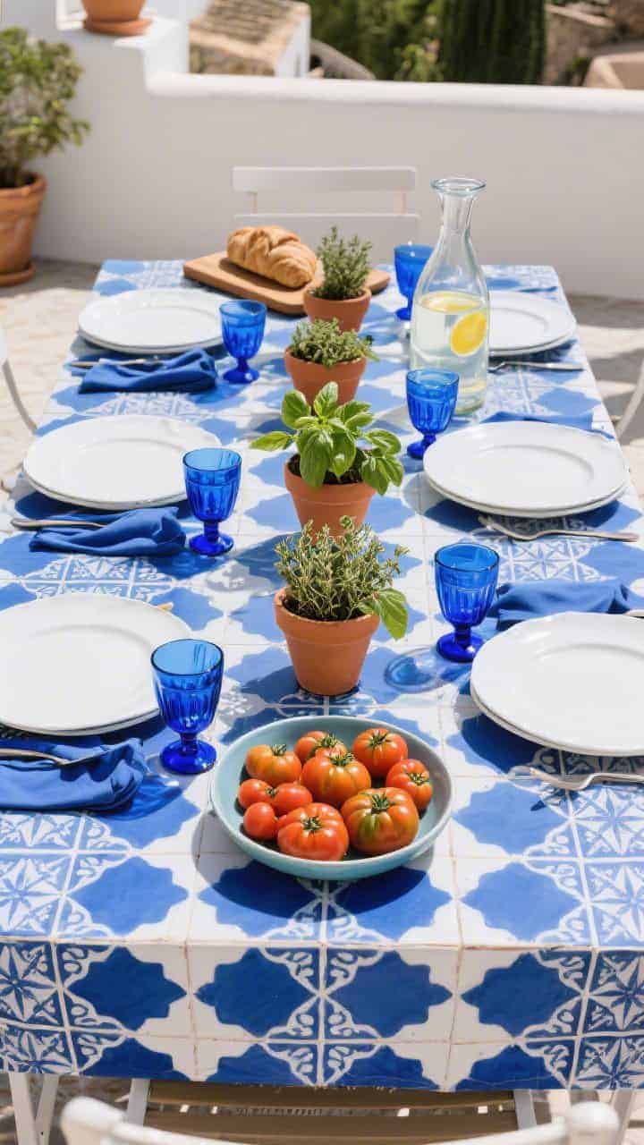 Photorealistic medium overhead of a Mediterranean blue-and-white al fresco table: blue-and-white tile-inspired patterned tablecloth, white plates with cobalt napkins, bright blue glassware, small terracotta pots of basil and thyme lined down the center, a bowl of heirloom tomatoes, olive wood boards for bread, and a clear carafe of lemon water catching the light. Palette of cobalt, white, terracotta, and olive green. Sunlit terrace vibe with crisp, cheerful contrast.
