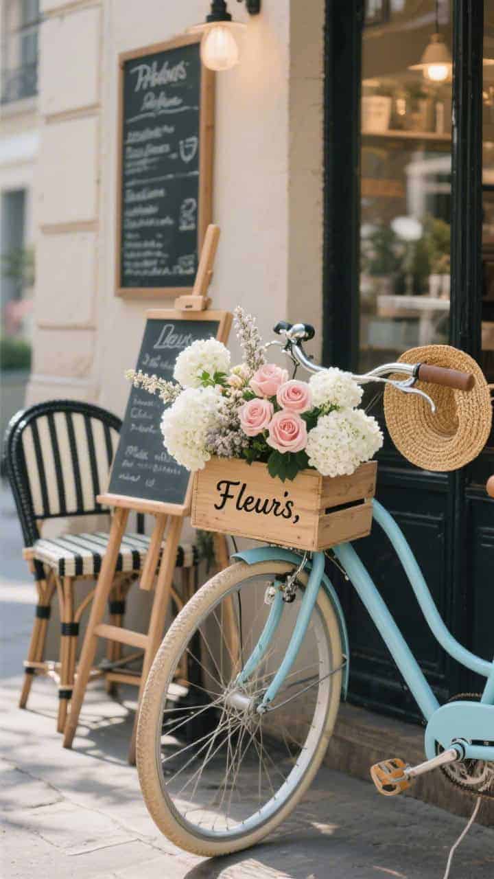 Photorealistic medium shot, café vignette: a pastel robin’s egg blue bicycle with a wooden crate stenciled “Fleurs,” packed with white hydrangeas, blush roses, and dusty miller in a cloudlike arrangement. Positioned beside a French bistro set with black-and-cream stripes. A small chalkboard menu on an easel and a woven straw hat casually hanging on the handlebars. Soft morning light, subtle Parisian street feel.