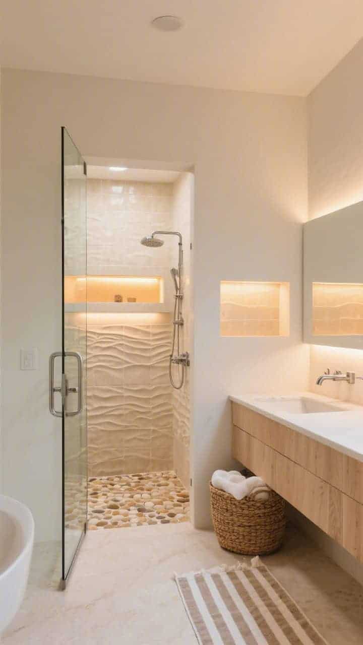 Photorealistic medium shot capturing coastal calm: sand-beige porcelain wall tile with a subtle ripple texture and a pebble mosaic shower floor in tans and creams; a frameless glass door swinging outward; a two-tier backlit niche glowing warm like sunset; brushed stainless fixtures; a bleached oak vanity and a woven basket with towels; a striped cotton runner tying the palette; warm ambient lighting with beachy, serene feel; angled from the doorway to show niche glow and textures; palette: sand, cream, bleached oak, brushed stainless.