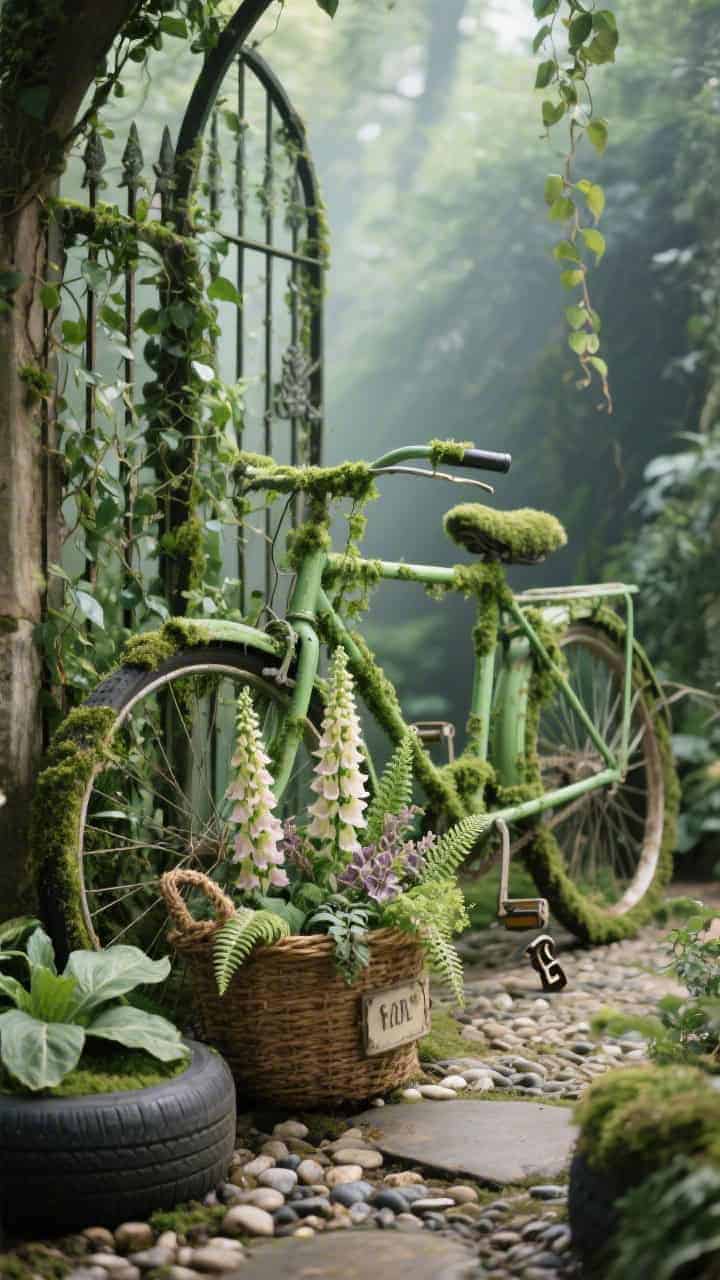 Photorealistic medium shot, enchanted garden mood: a mossy green painted bike with creeping jenny or ivy climbing and twining around the frame like it’s aged in place. Basket with coir liner packed with foxgloves, heuchera, and ferns. Leaned beside an arched iron gate wrapped in vines. Pebbled path, hostas around the tires, and a small cast-iron key sign. Diffused shade light for a secret garden effect.