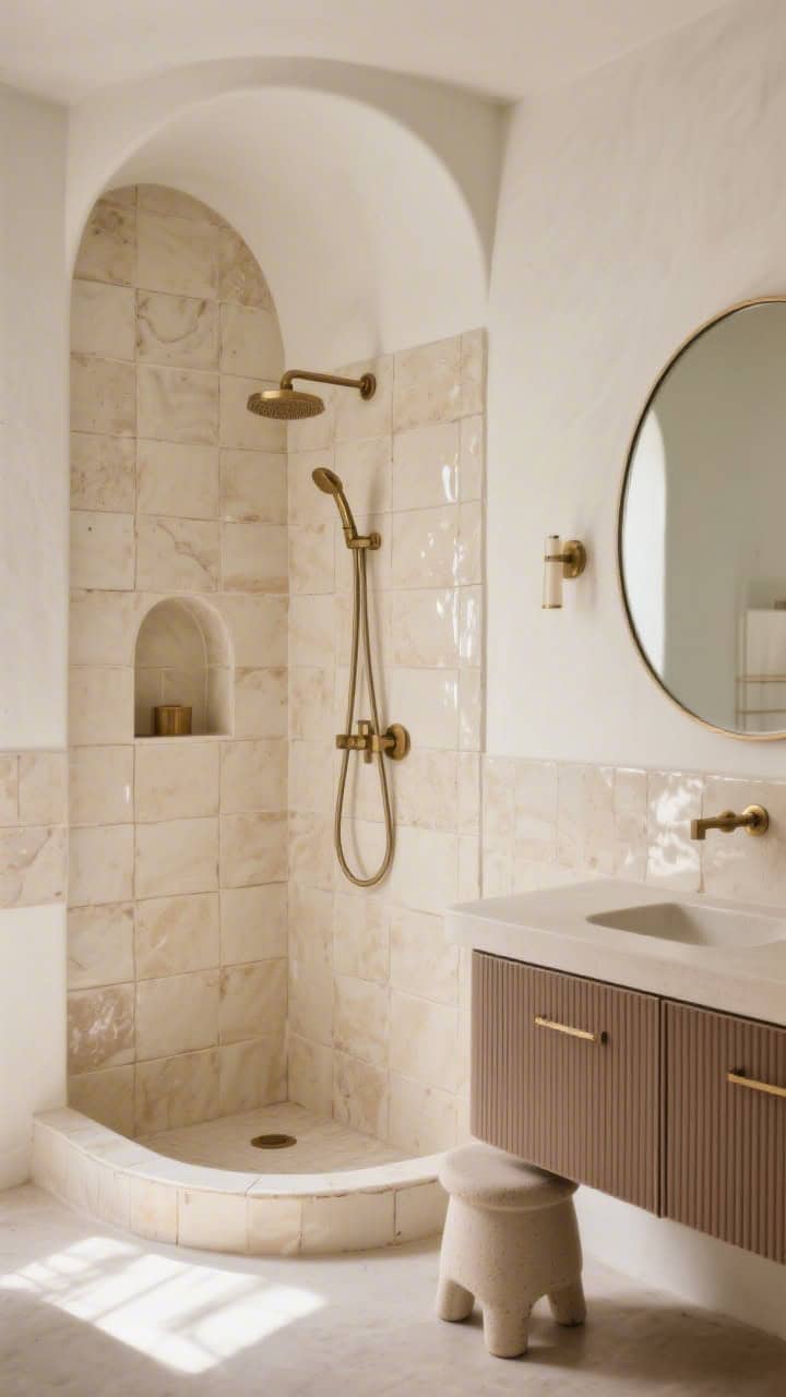 Photorealistic medium shot focusing on a cozy walk-in shower wrapped in creamy zellige tiles with hand-glazed variation; curved shower curb and an arched shampoo niche; brushed brass fixtures; a petite plaster-look stool just outside; a floating warm taupe vanity with ribbed doors and a rounded-corner mirror echoing the curves; calm, sunlit ambience with gentle highlights on the glossy tiles; straight-on perspective capturing the niche and vanity alignment; palette: cream, taupe, brushed brass.