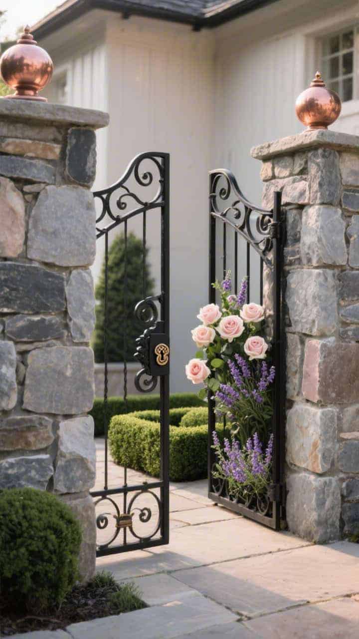 Photorealistic medium shot from a slight corner angle of chunky fieldstone pillars framing a black iron scrollwork gate; classic iron latch with rosette backer; inside view reveals a petite boxwood parterre cradling pale roses and lavender; clipped thyme between stones underfoot; subtle copper finials atop the pillars catching a faint gleam; palette of stone gray, black, soft blush, and evergreen; romantic, softly filtered late-afternoon light.