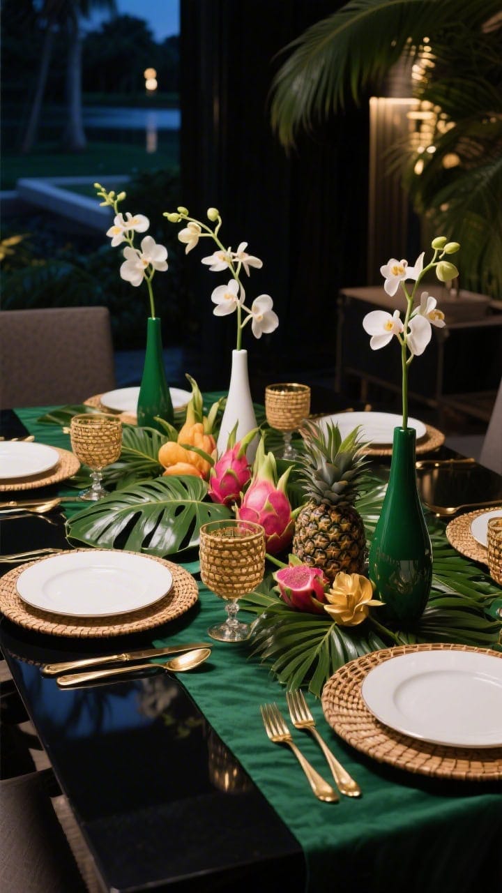 Photorealistic medium shot of a dramatic tropical resort glam table: sleek deep green runner on a dark surface, a lush base of layered monstera and palm leaves, white coupe plates on glossy lacquered chargers, rattan-wrapped glasses, gold flatware, sculptural pineapples and dragon fruit arranged as a still-life centerpiece, and slim vases with orchid stems. Palette of emerald, white, gold, and inky black. Evening indoor lighting with subtle highlights on lacquer and metal, shot straight-on to emphasize luxe contrast.