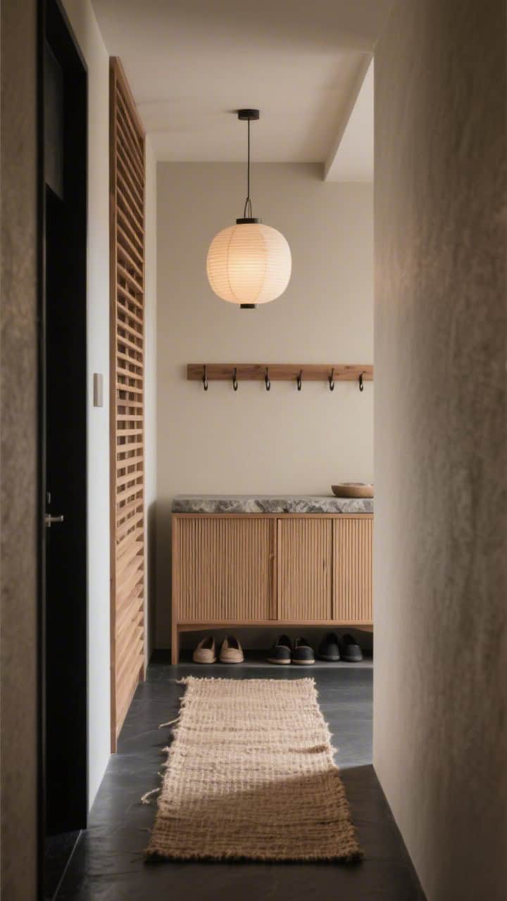 Photorealistic medium shot of a Japandi-inspired narrow hall: a slatted ash panel running partway along the wall serving as subtle texture and mini hooks; beneath it, a stone-topped shoe cabinet with reeded fronts; earthy color story of mushroom, sand, and soft black; natural jute runner underfoot; a small paper lantern pendant providing warm, diffused lighting; serene, edited styling.