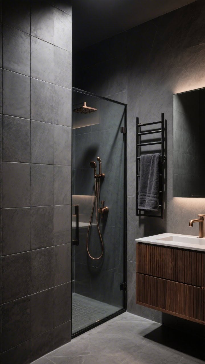 Photorealistic medium shot of a moody modern shower: matte gray large-format tiles stacked vertically with charcoal grout lines accentuating height; a smoky glass shower panel maintaining light while deepening the mood; oil-rubbed/deep brushed bronze fixtures; a narrow walnut vanity with ribbed drawer fronts; a smoked mirror above; dark linen towel on a slim black ladder rack; controlled, low-key lighting with soft highlights on bronze; angled upward slightly to emphasize verticality; palette: deep gray, walnut, bronze.