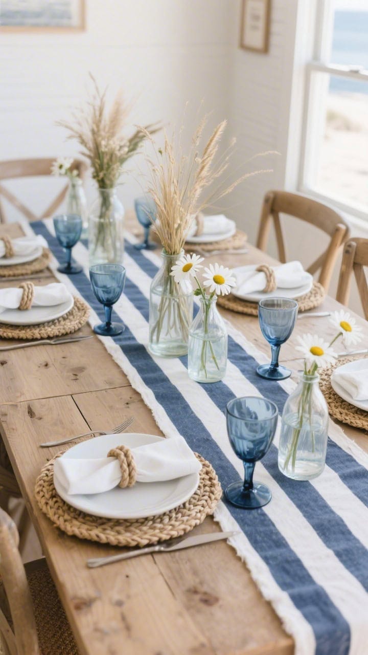 Photorealistic medium shot of a natural wood dining table styled in a coastal theme: a crisp blue-and-white striped runner down the center, white stoneware plates on woven seagrass chargers, clear glass bud vases in mixed heights holding coastal wild grasses and a few white daisies, nautical rope napkin rings on folded white napkins, and smoky blue water goblets. Palette of navy, white, sand, and sea-glass blue. Soft natural daylight from a side window, airy beach-cottage mood, straight-on angle with shallow depth of field to highlight textures of stripe, seagrass, and rope.