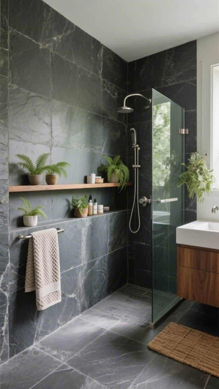Photorealistic medium shot of a nature-infused walk-in with charcoal slate-look porcelain on walls and floor; a long, shallow ledge shelf integrated along the back wall holding tiny potted ferns and bath essentials; single glass screen enclosure; brushed nickel fixtures that visually recede; warm walnut vanity adjacent; a cedar shower mat leaning to dry and a linen-textured waffle towel; soft, diffused daylight with gentle shadows, retreat-like mood; corner angle to show depth of the slate and plant shelf; palette: charcoal, walnut, soft green, brushed nickel.