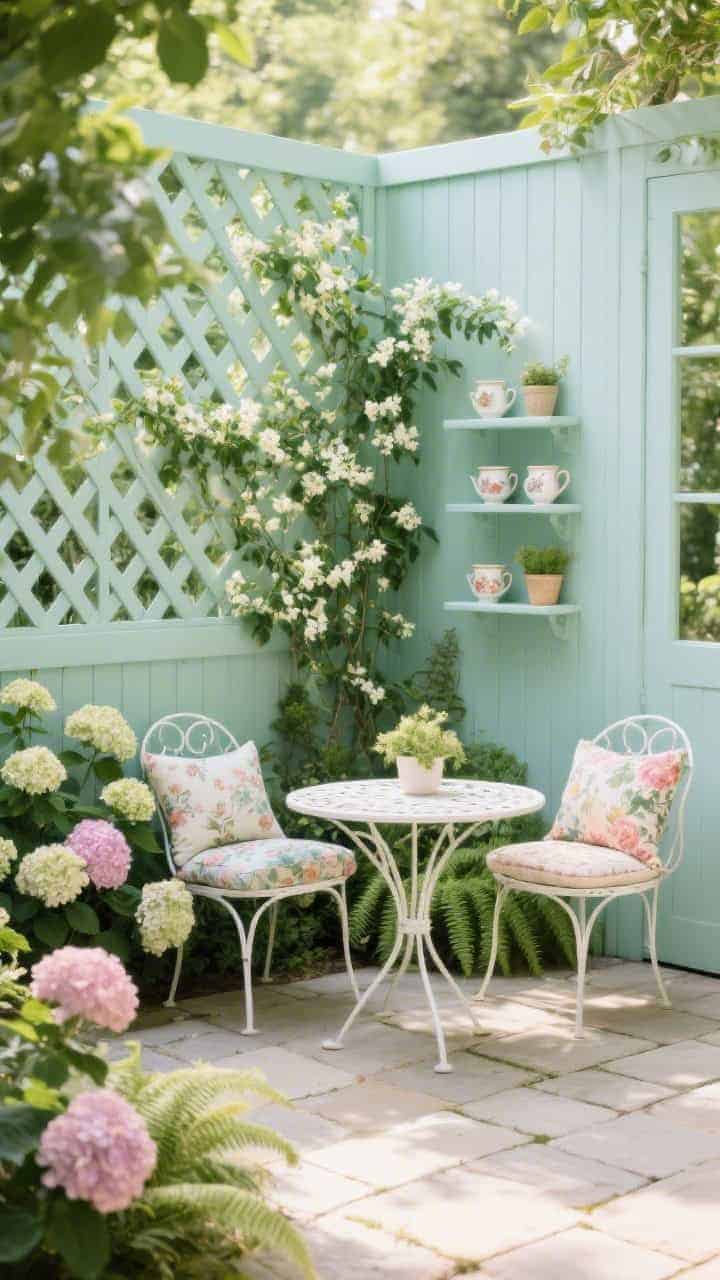Photorealistic medium shot of a shady garden corner with a pastel mint painted lattice screen, straight-on composition; climbing jasmine trained across the lattice for scent; lush base planting of hydrangeas and soft ferns; a round white metal bistro table with mix-and-match floral cushions on chairs; tiny shelves on the screen hold vintage teacups used as planters; flooring is pale stone pavers; color palette mint, cream, blush, leafy green; bright but diffused shade light, fresh and breezy mood, no people