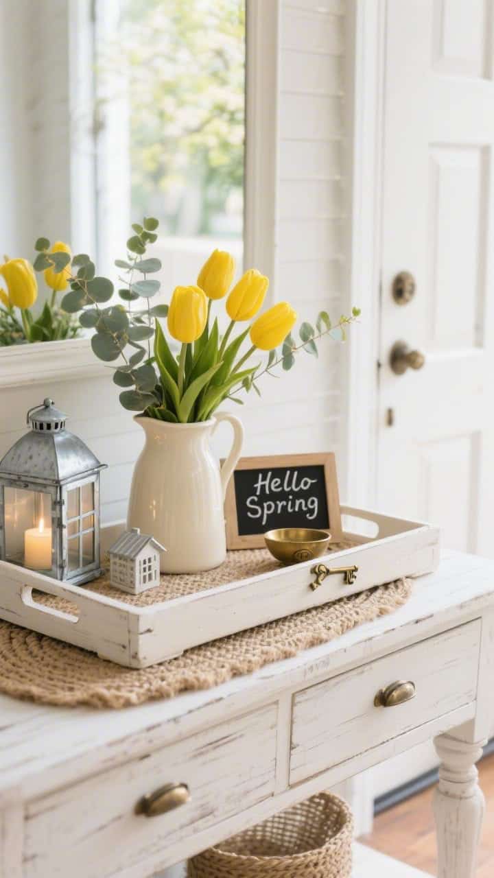 Photorealistic medium shot of a sunny entryway console featuring an oversized whitewashed wood tray lined with a woven jute placemat; a cream stoneware pitcher overflowing with faux yellow tulips and soft eucalyptus; a small galvanized house-shaped lantern with a glowing battery candle; a mini blackboard sign reading “Hello Spring”; and a petite antique brass key bowl. Palette of cream, white, galvanized silver, and sunny yellow; textures of whitewashed wood, jute, stoneware, and metal. Shot straight-on with crisp April morning natural light, cheerful and tidy vibe, shallow depth of field to emphasize the vignette.