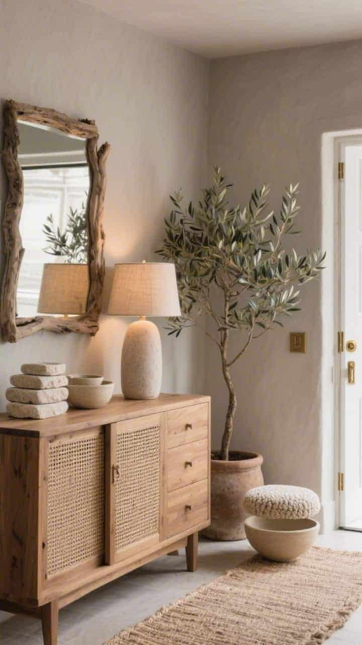 Photorealistic medium shot of a warm wood and textured neutrals entry: warm oak credenza with woven rattan doors, linen-shaded table lamp lit warmly, stack of pale stone catchalls, greige wall backdrop with driftwood-framed mirror; jute runner underfoot, boucle stool nearby, oatmeal-glazed ceramic bowl; palette of taupe, sand, oat, soft white; olive tree in a rough clay pot; subtle brushed brass hardware gleaming softly; calm, diffused daylight.