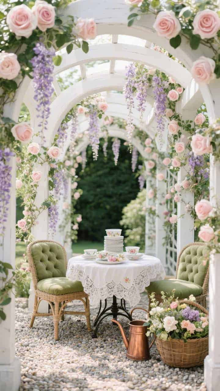 Photorealistic medium shot of a whitewashed arched pergola forming a storybook rose tunnel, thick with blush climbing roses and soft lavender clematis draping like ribbons; beneath, a petite round wicker bistro set with tufted moss-green cushions on a pea gravel pad; lace-edged tablecloth fluttering, floral china stacked, a copper watering can beside a vintage trug filled with cut blooms; soft dappled shade, vintage illustration vibe, no people.