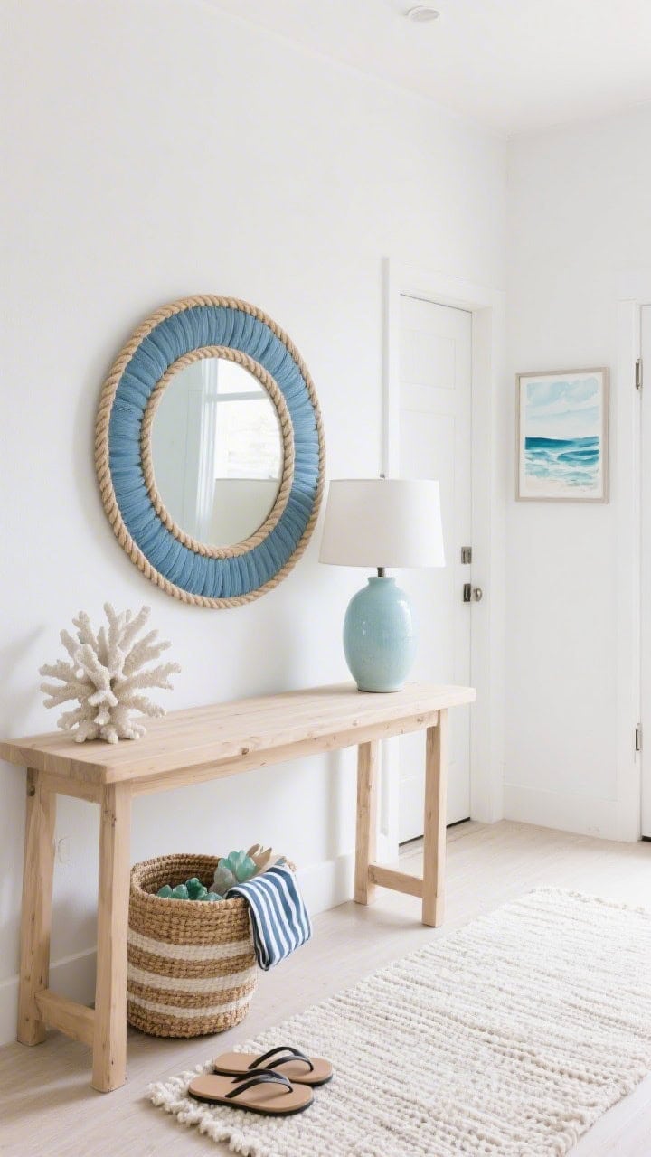 Photorealistic medium shot of coastal modern breeziness: bleached teak console against white walls, styled with a coral-inspired sculpture and a pale blue ceramic lamp; circular rope mirror centered above; blue-and-ivory flatweave rug below; woven basket by the door holding flip-flops and a striped tote; palette of sea glass, cloud white, sandy beige; minimalist seascape watercolor art nearby; brushed nickel and natural rope finishes; airy natural light.