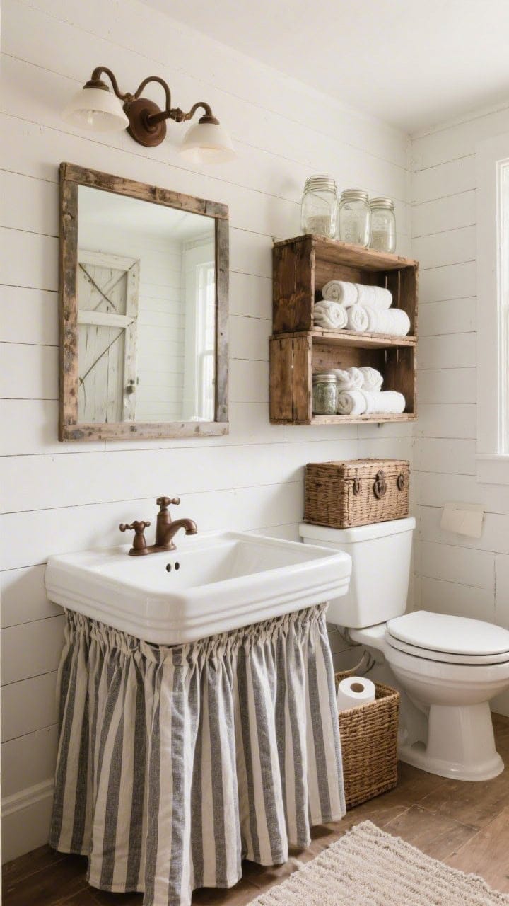 Photorealistic medium shot of farmhouse bathroom storage: white shiplap walls, porcelain apron-front sink with a ticking-stripe skirt concealing under-sink storage, stacked vintage crates mounted above the toilet as shelves holding rolled towels and mason jars, oil-rubbed bronze hardware, barn-style mirror, wicker trunk tucked between sink and toilet for TP and bath mats; rustic, welcoming lighting; slight corner perspective