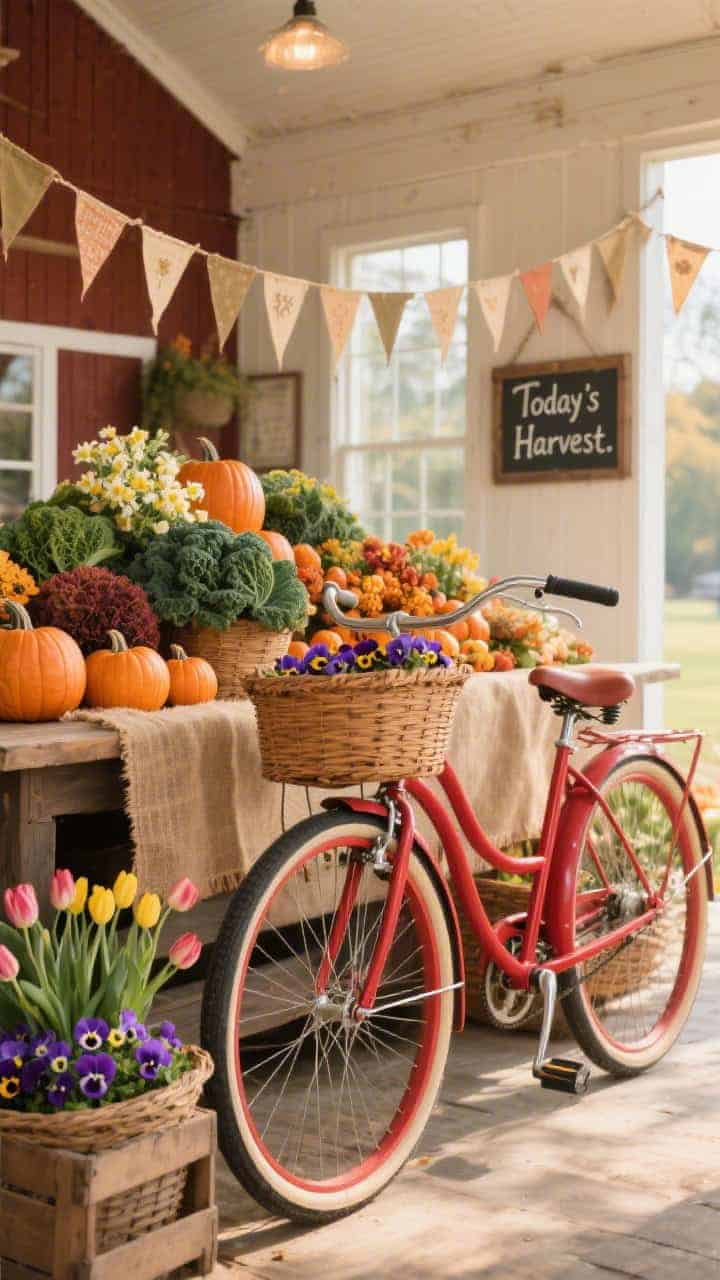 Photorealistic medium shot, seasonal market vignette: a barn-red bike with oversized front and rear baskets. Autumn styling: ornamental kale, mini pumpkins, and pansies heaped abundantly; spring variant implied by a few tulips and daffodils peeking from a side crate. Parked beside a farmstand-style table with bushel baskets, burlap runners, and a slate sign reading “Today’s Harvest.” Pennant flags strung along the frame. Warm, cheerful afternoon light.