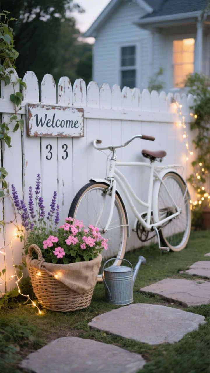 Photorealistic medium shot, straight-on angle: a chalk-white vintage bicycle with a soft matte finish and subtle chippy edges leaned against a white picket fence. Wicker front basket lined with burlap overflowing with pink geraniums, lavender, and trailing ivy. Stepping-stone path in the foreground, a weathered “Welcome” sign and enamel house numbers on the fence. A galvanized watering can nearby. Soft warm fairy lights woven around the basket and fence, glowing at dusk.