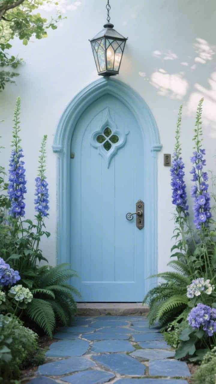Photorealistic medium shot, straight-on of a powder-blue Gothic-arch gate with a small quatrefoil cutout near the peak; flanking tall foxgloves and delphiniums in periwinkle hues, underplanted with deep green ferns and hellebores; tumbled bluestone pavers leading inward; antique-style pewter latch with a scroll backplate; a leaded-glass lantern hanging overhead; cool, diffused morning light emphasizing refined, whimsical tones of powder blue, periwinkle, and deep green.