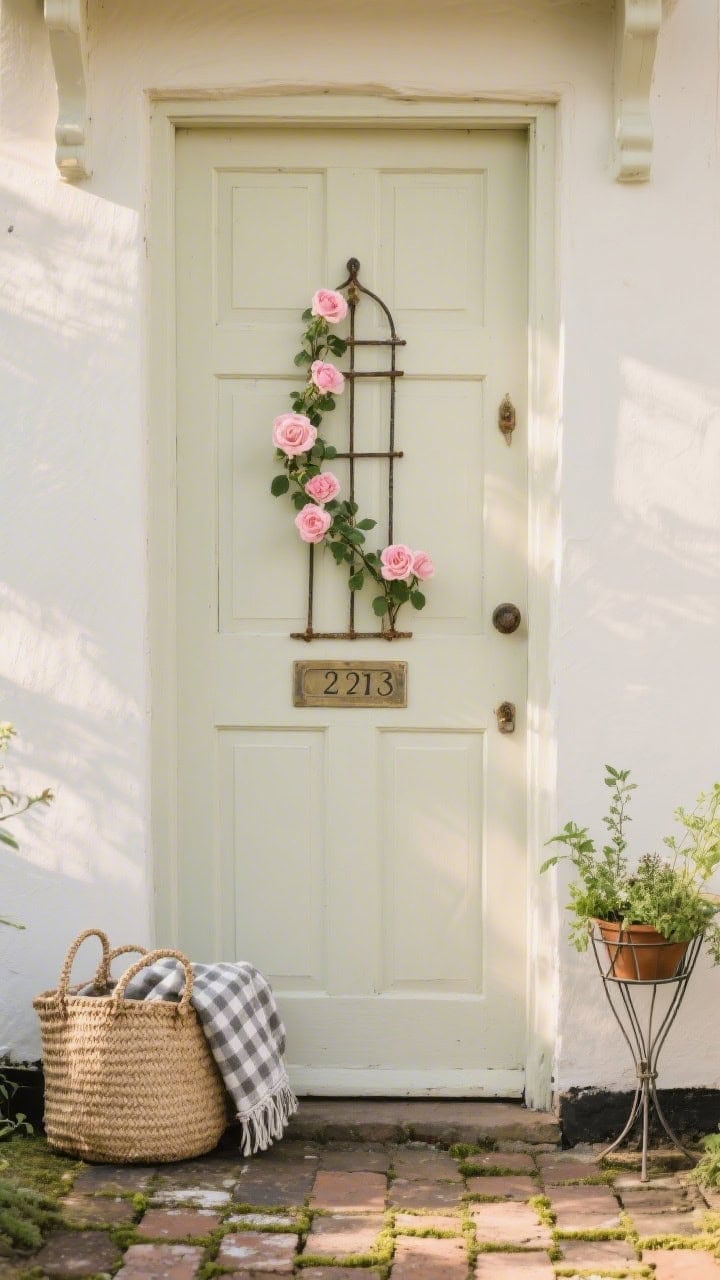 Photorealistic medium shot, straight-on, of an antique paneled door painted buttermilk cream mounted as a feature with a slender iron trellis fixed down its center; soft pink cottage roses climbing the ironwork; at the base, a woven straw tote and a neatly folded checked blanket; a wire plant stand to the side holds potted herbs; ground is weathered brick pavers with mossy edges; enamel house numbers on the door add whimsy; color palette cream, blush, sage, aged iron; warm late afternoon light, no people