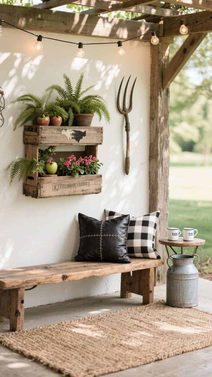 Photorealistic medium shot under a shaded pergola: a sturdy oak bench with naturally aged patina. Buffalo plaid cushions in black and cream, one stitched leather pillow for texture. On left, a tiered display made of stacked vintage apple crates holding ferns and potted geraniums; on right, a milk can side table with enamelware mugs. A jute rug underfoot, mason-jar string lights twinkling overhead, an antique pitchfork mounted as wall art on a nearby post. Soft dappled shade, warm rustic farmhouse atmosphere.