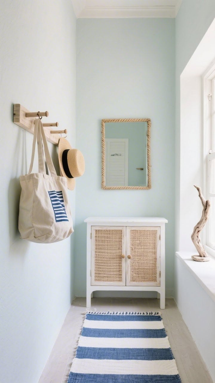 Photorealistic medium shot with a breezy coastal vibe: soft sea-salt painted walls; a cane-front, shallow wall cabinet providing airy storage; bleached wood peg rail holding totes and hats; blue-and-white cabana-stripe runner along the narrow floor; rope-framed mirror catching natural light; a small driftwood sculpture on a ledge; light, relaxed atmosphere without kitsch.