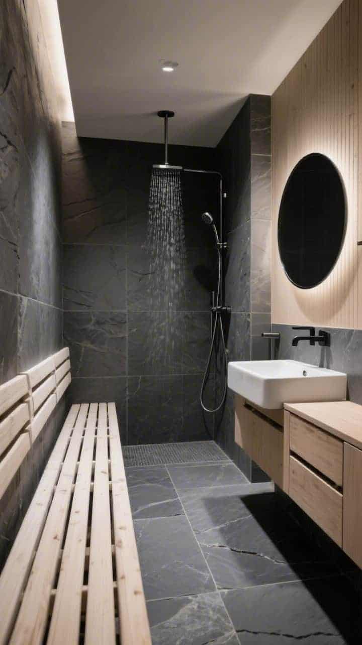 Photorealistic medium shot with sauna vibes: graphite slate tiles on floor and shower walls creating a moody base; continuous slatted white oak bench running beneath a wall-hung sink and extending into the shower, with shallow pull-out drawers on the dry side; round black-rim mirror above, rainfall plus handheld shower combo; steam-ready, zen atmosphere with soft, indirect lighting, corner angle to show bench continuity