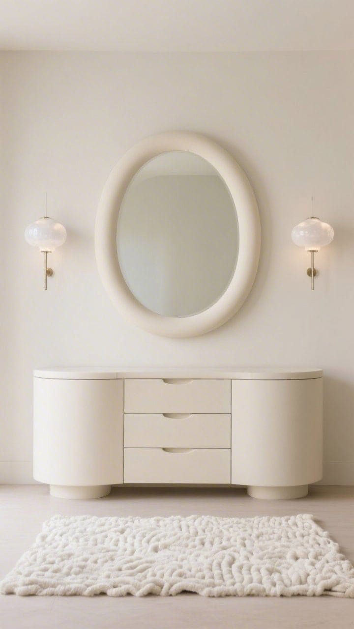 Photorealistic medium, straight-on shot emphasizing soft curves: a matte cream curved-edge console with hidden drawers; a large oval mirror in matching cream above for a seamless look; ivory looped-pile runner adding plush texture; two frosted-glass globe sconces on either side delivering a gentle, cloud-like glow; minimal, calming creams and ovals.