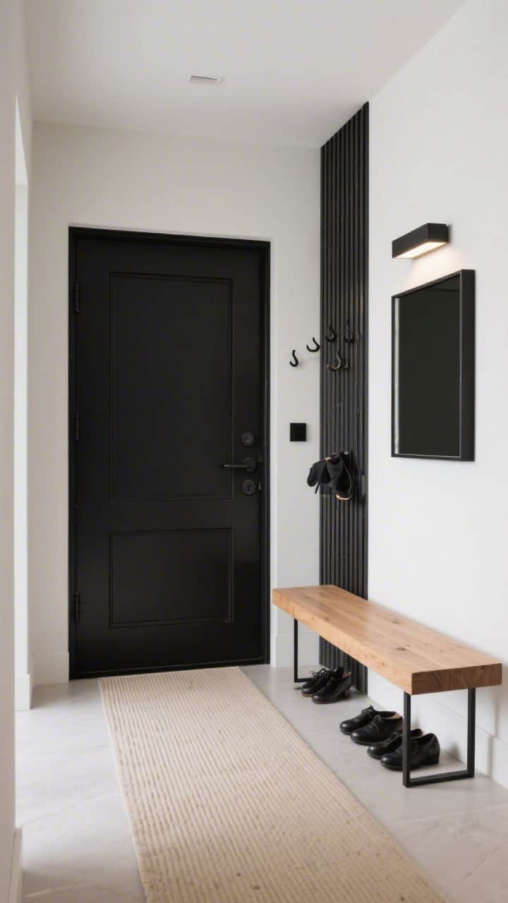 Photorealistic medium, straight-on vignette at the entry: a rich matte black front door as the focal point; light oak shoe bench balancing the contrast; a slat wall panel beside the door with hooks and drop-off space; beige ribbed runner softening the scheme; black-framed rectangular mirror above the bench; a small LED picture light over the mirror tying in the black accents; crisp, high-contrast modernity.