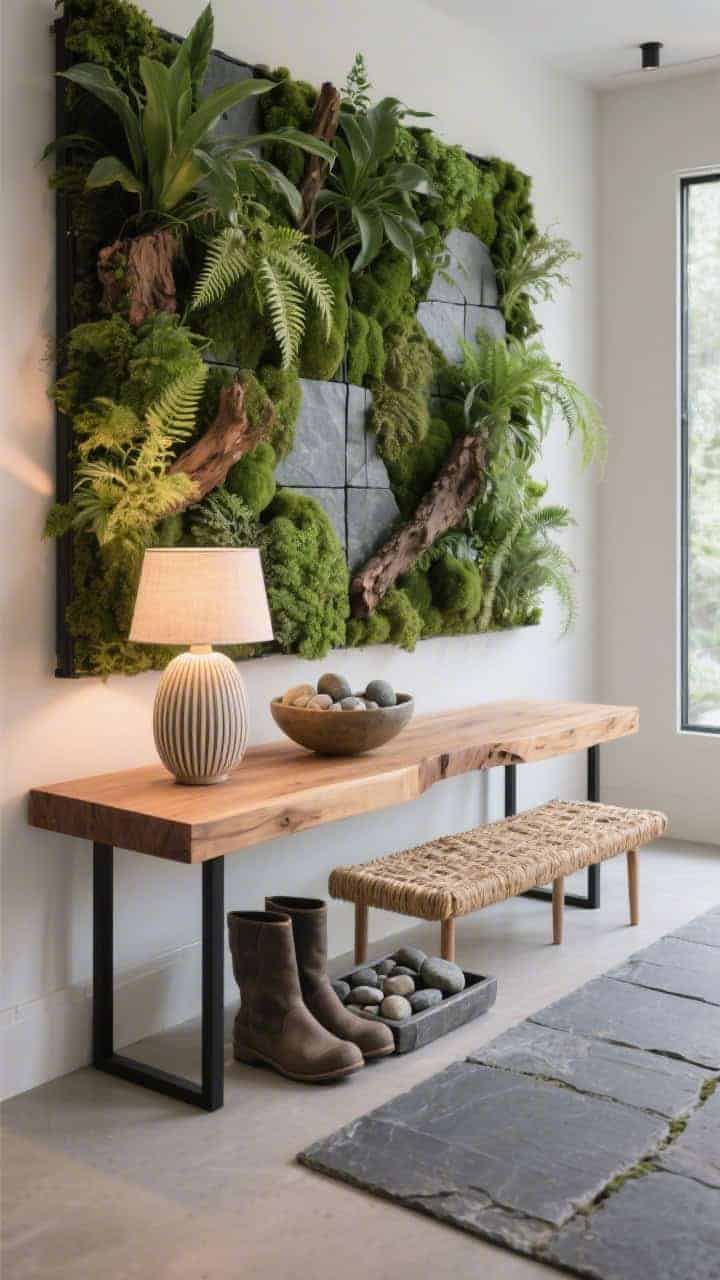 Photorealistic medium/wide biophilic oasis: modular living green wall panel lush with easy-care plants, paired with a solid oak slab console on black bracket legs; stone pebble tray for boots on the floor, ribbed ceramic lamp glowing softly; woven seagrass bench and a slate runner grounding the scene; bowl of river stones on the console; full-spectrum LED lighting ensuring plant vitality; palette of fern, moss, bark, slate; subtle cedar diffuser implied (no people).