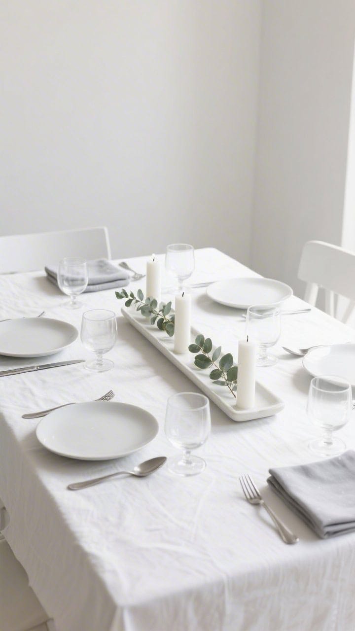 Photorealistic minimalist wide shot of a serene summer dining setup: white linen tablecloth, spare place settings with matte white plates, clear stemless wine glasses, and brushed stainless flatware. Centerpiece is a long, narrow linear tray holding white pillar candles and a few sprigs of eucalyptus. Soft gray napkins folded into clean rectangles. Bright natural daylight, high-key tones, calm and airy mood, straight-on view emphasizing clean lines and negative space.