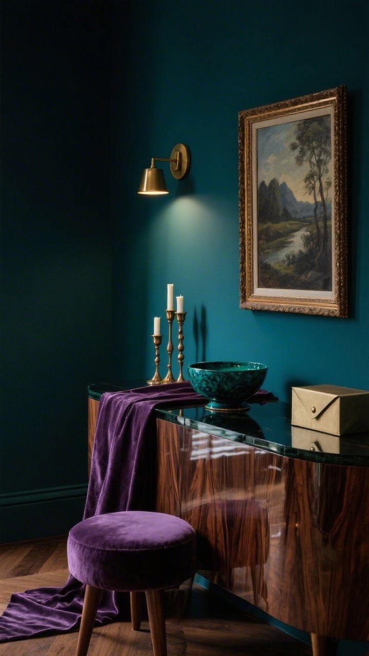 Photorealistic moody closeup/medium shot: deep teal (or aubergine) walls, walnut waterfall console with continuous grain, smoked mirror adding reflection and depth; petite brass picture light glowing above; silk-blend runner catching low light; velvet stool tucked nearby; small cluster of bronze candleholders; oil portrait or moody landscape art; jewel-toned bowl for mail; dimmer-set, sultry evening illumination.