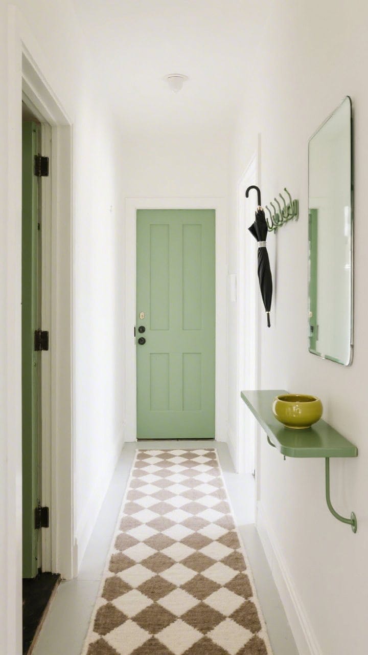 Photorealistic overhead detail shot focusing on pattern and color pop: a small-scale checkerboard runner in taupe and ivory leading through a warm white hallway; the inside face of the front door painted muted moss green visible at frame edge; a wall-hung umbrella rack and a powder-coated metal shelf in the same moss green; a brushed chrome mirror reflecting light; a bright ceramic catchall adding an extra color hit; energetic, modern feel.